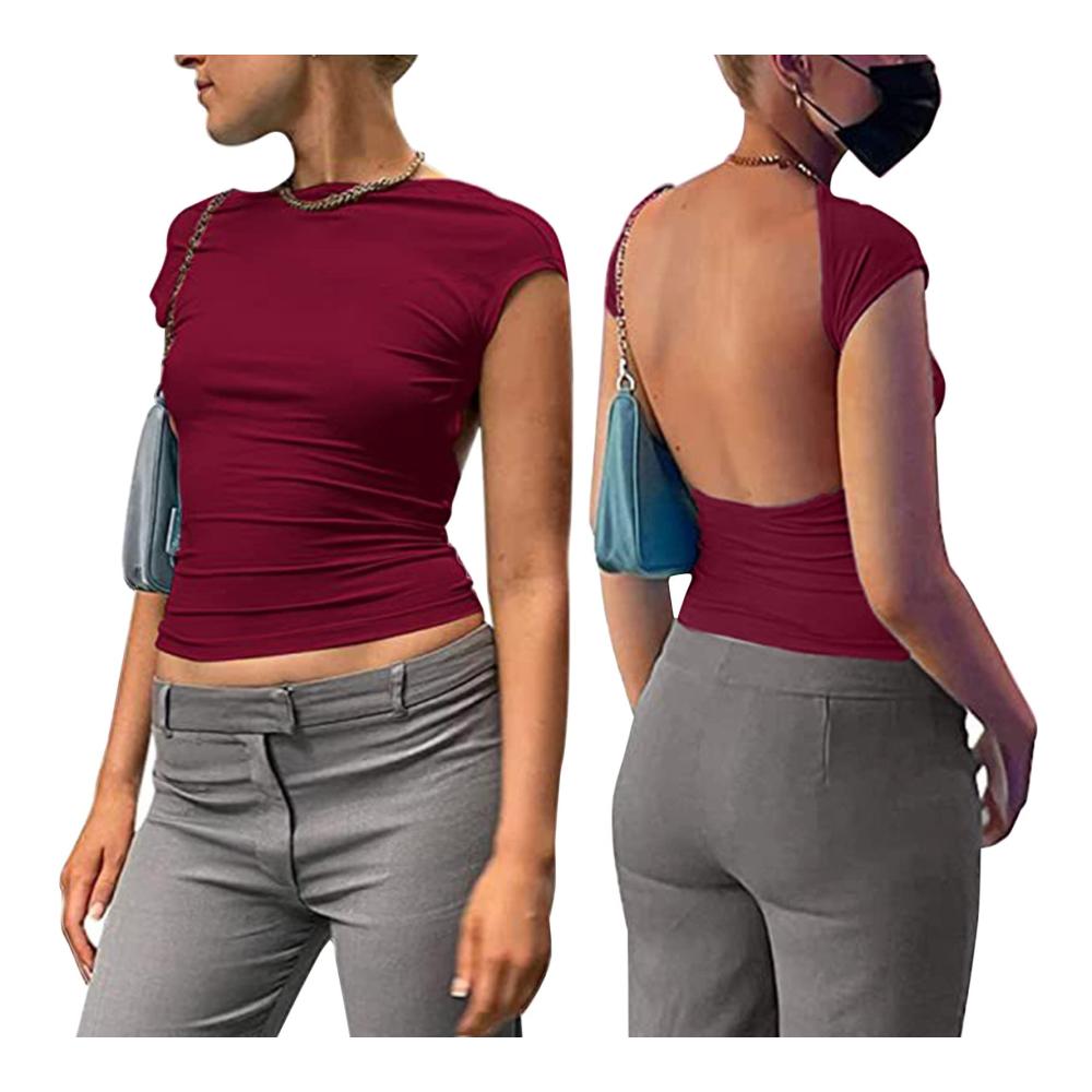 Y2K Sommer-T-Shirt für Damen | Rückenfreies Crop Top mit Slim Fit | Kurzarm Bluse in Solider Farbe | Rundhalsausschnitt und Offener Rücken | Sexy Casual Fashion Tees für Streetwear