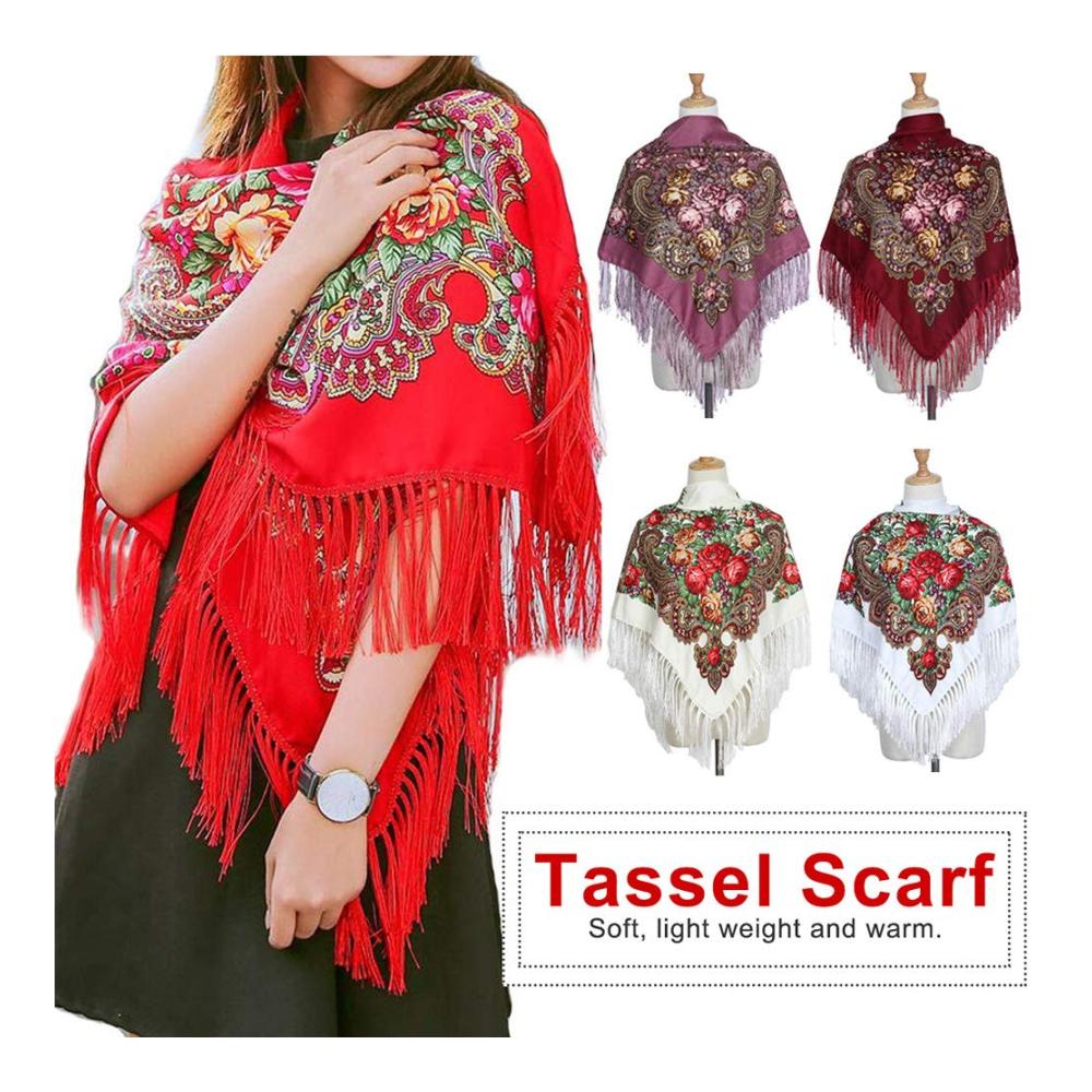 Pashmina Quadratischer Baumwollschal mit langen Quasten im Vintage Folk-Stil für den Frühling und Winter - Frauen Floral Pashmina Cape im russischen Design