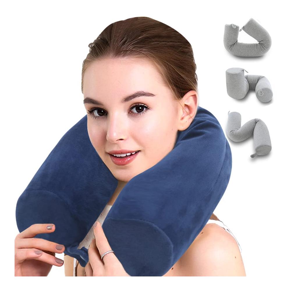 Memory Foam Nackenkissen für unterwegs - Reisekissen U-Form Gefaltetes Nackenhörnchen mit Stützfunktion für Flugzeug Bus Bahn - Tyuodna Komfortkissen (Blau