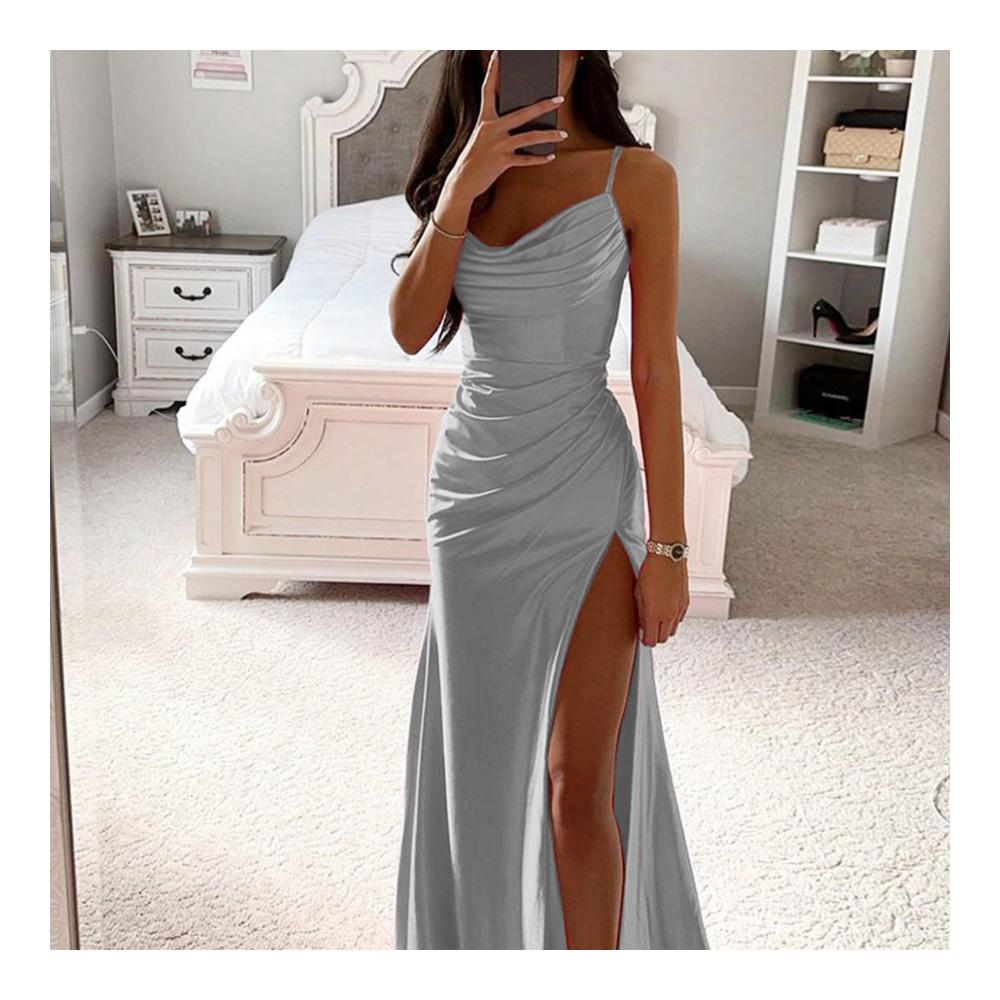 Satin Abendkleid mit V-Ausschnitt Schlitz und Tasche - Elegantes langes Formales Kleid für besondere Anlässe