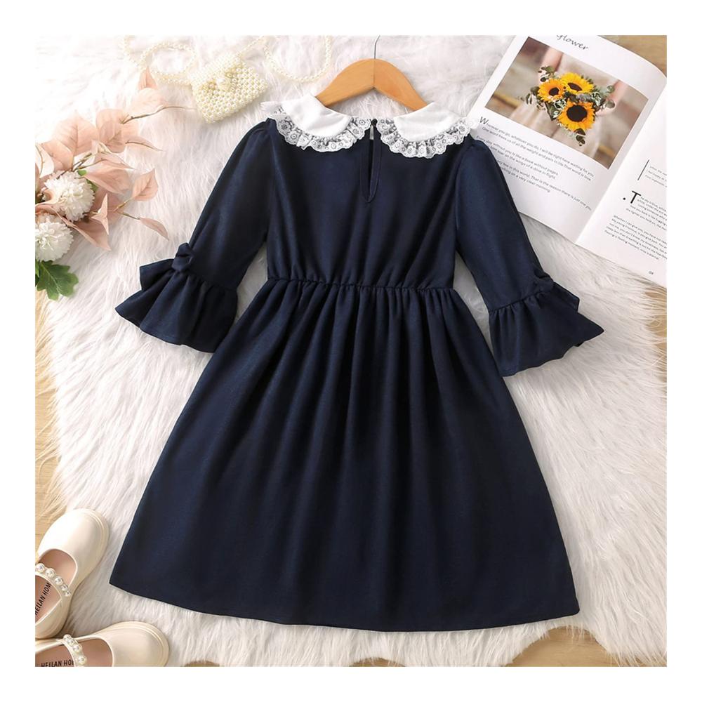 Kinder Geschenk Langärmeliges Mädchen Kleid mit Spitze Patchwork-Design und elastischer Taille