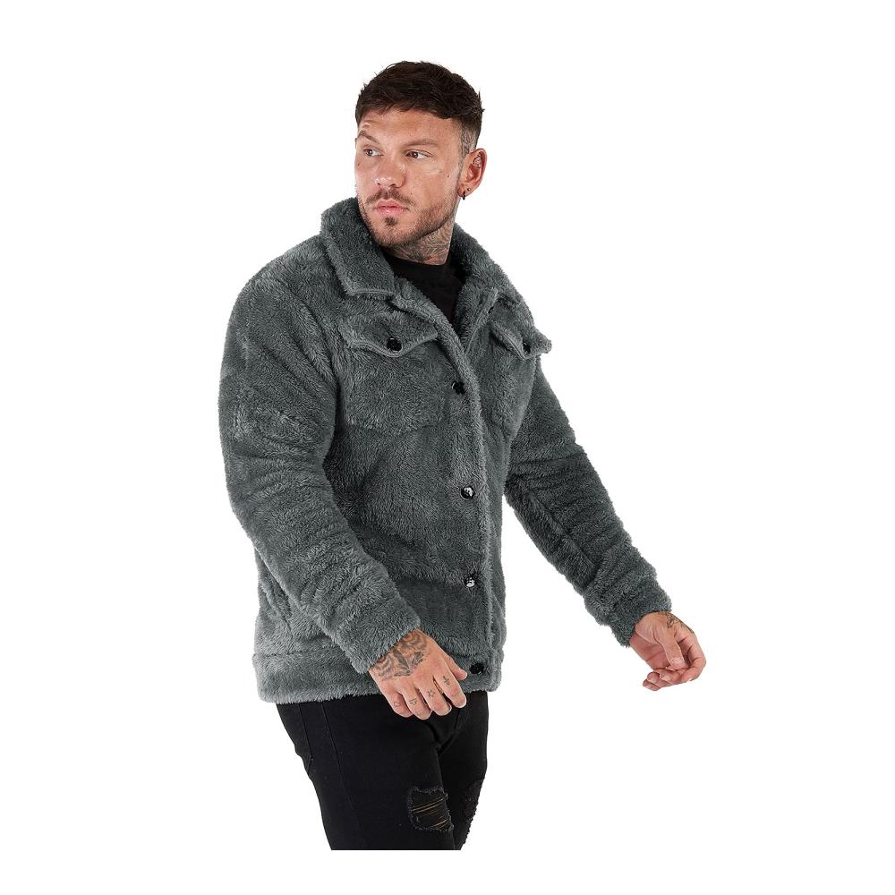 Sherpa Herrenjacke - Winterwarm Fuzzy Plüschmantel mit Knopftaschen