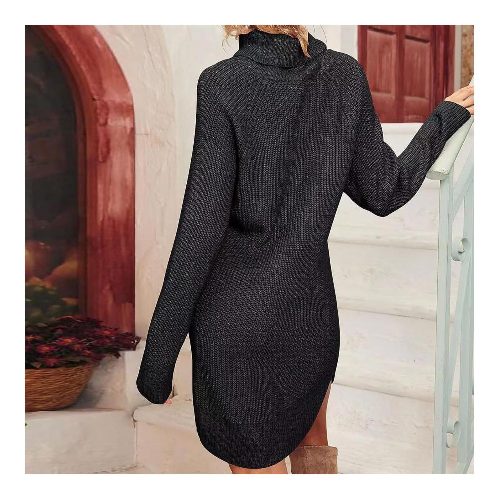 Herbst Winter Damen Rollkragenkleid | Knielanges Strickkleid mit Langarm | Warmes Einfarbiges Pulloverkleid | Freizeit Strick Sweater für kalte Tage