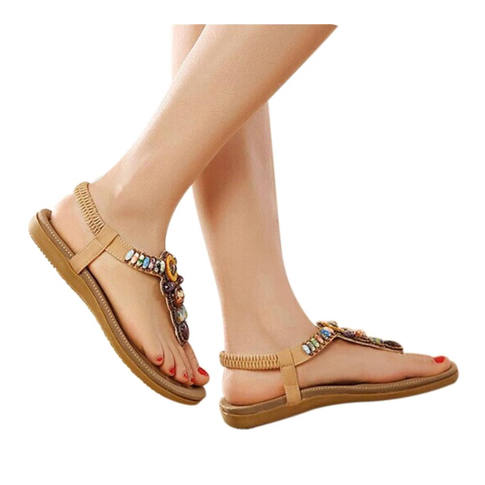 Böhmische Edelstein Perlen Sandalen Damen Sommer Strand Flip Flops in Schwarz Größe 40