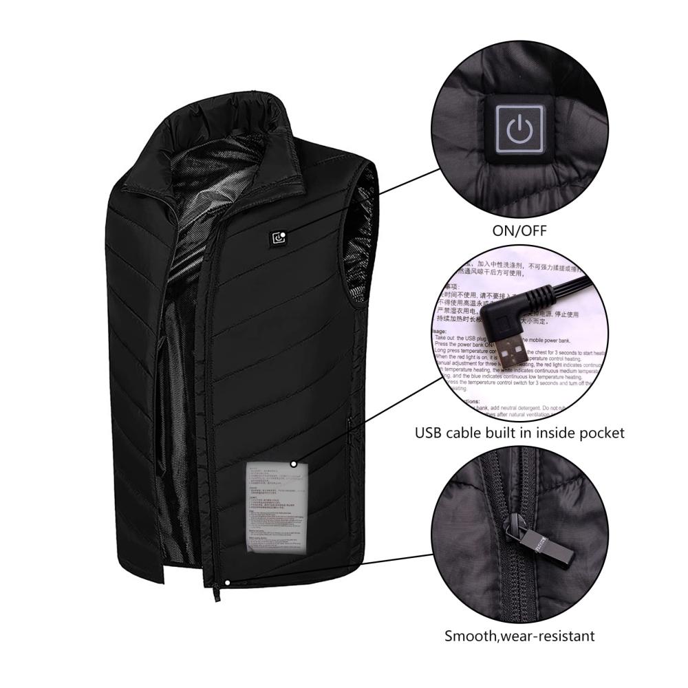 Heizbare Unisex-Weste mit 9 Heizzonen | 3-Stufen-Einstellung | USB-elektrisch beheizte ärmellose Jacke | Wärmeweste für Winter mit Powerbank | Elektrisch beheiztes Gilet (L