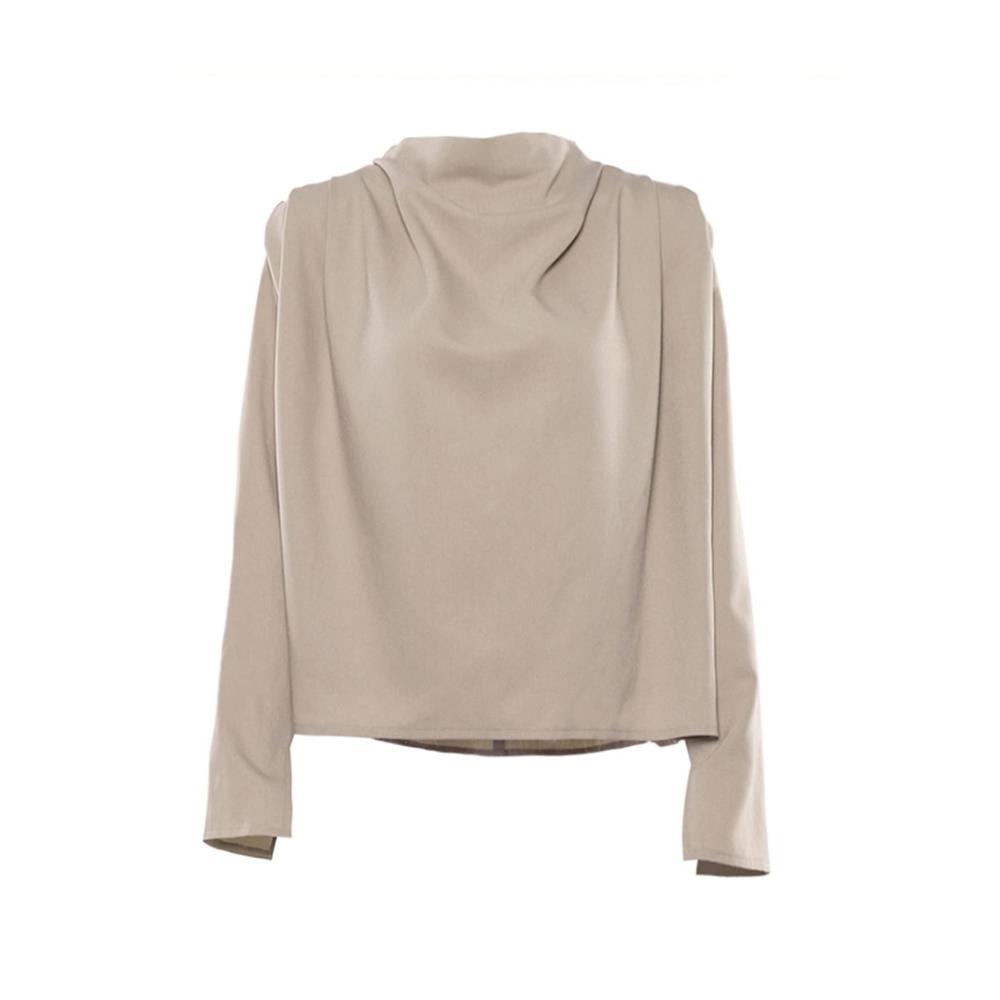 Langarmshirts mit drapiertem Kragen - Damenblusen in elegantem Stil für Büro und Freizeit (Khaki Größe L