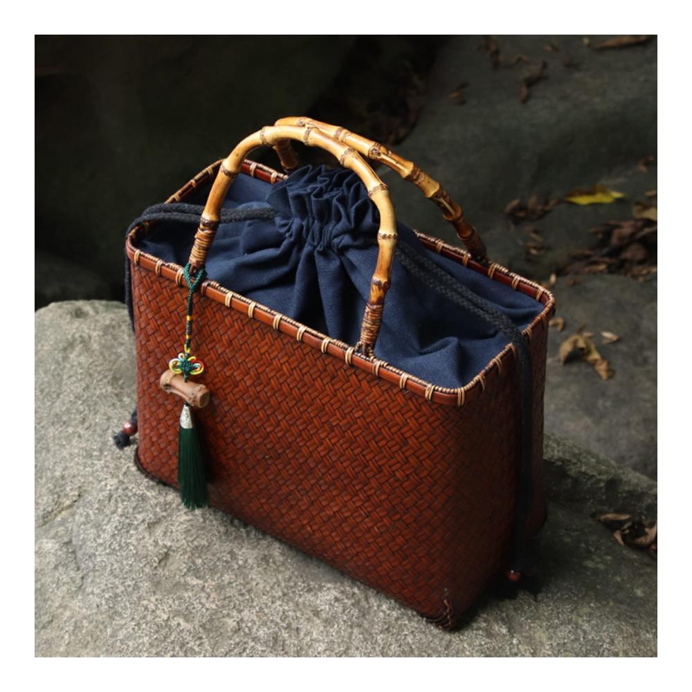Bambus Henkeltasche im Chinesischen Stil – Handgewebte Korbtasche mit Quaste Rustikale Geldbörse für Sommer/Frühling/Herbst Urlaub – Tragetasche in 29.5x13.5x22.5 cm Größe