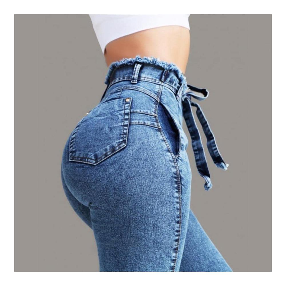 High-Waist Plus Size Jeans für Damen - Stretch Denim Skinny Pants mit Gürtel Lange Hosen in modischer Passform