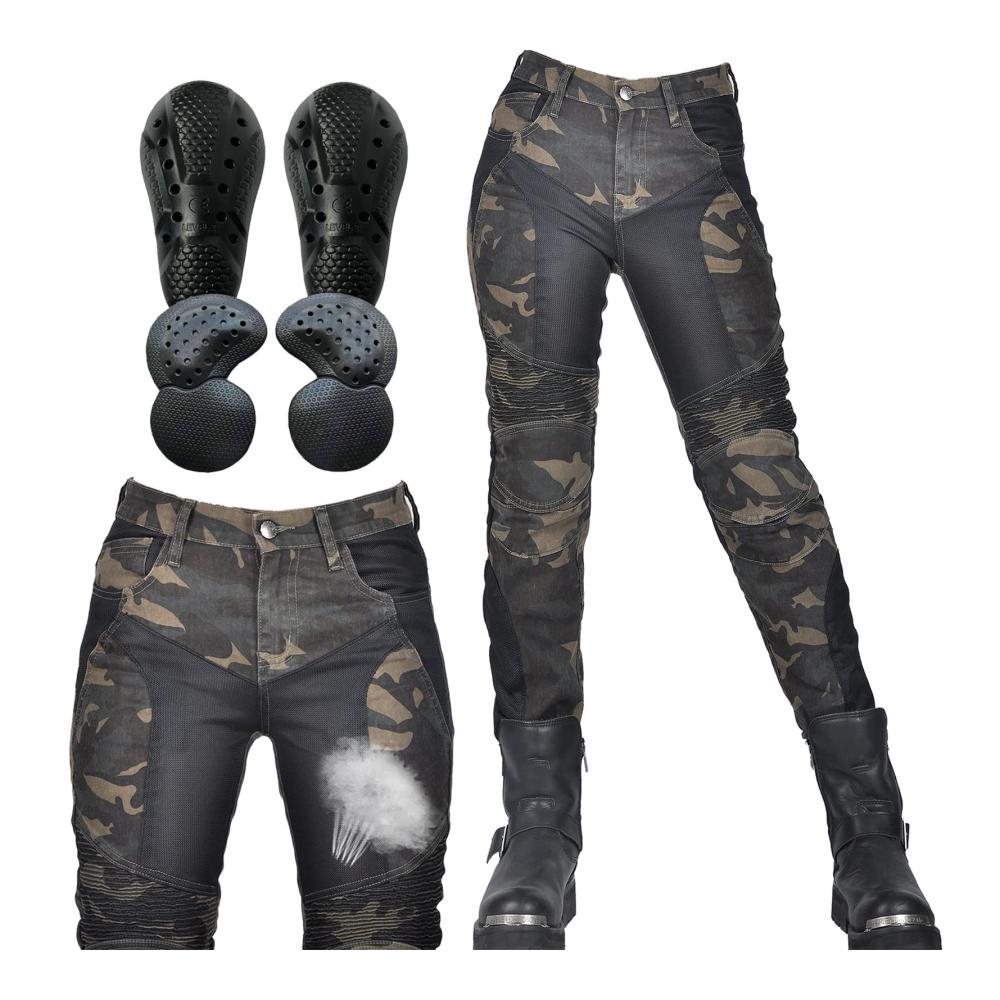 SHUOJIA Damen Motorradjeans - Camouflage Denim mit Mesh abnehmbaren Protektoren - Sommerhose für Sicherheit & Stil