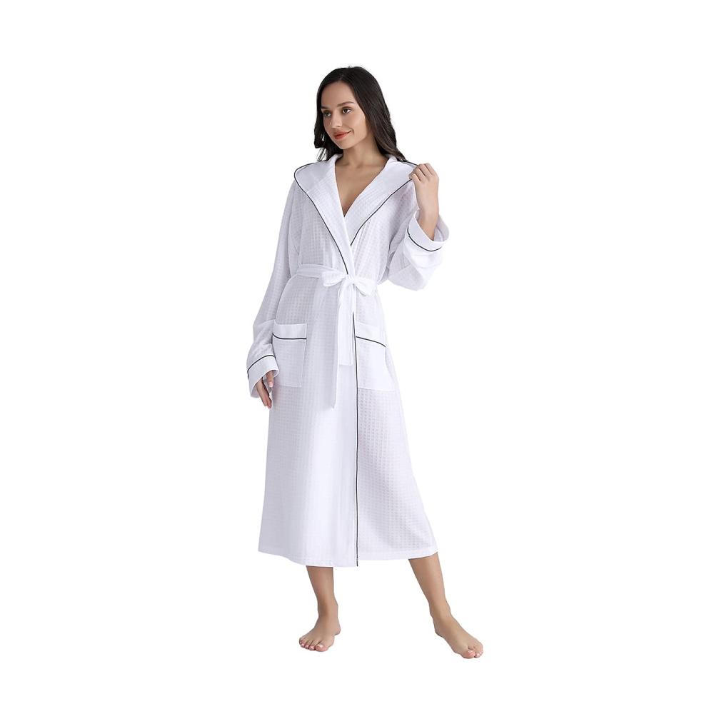 Bademantel Damen – Leichter Lang Morgenmantel mit Kapuze Waffelstruktur Saunamantel Unisex Kimono Robe